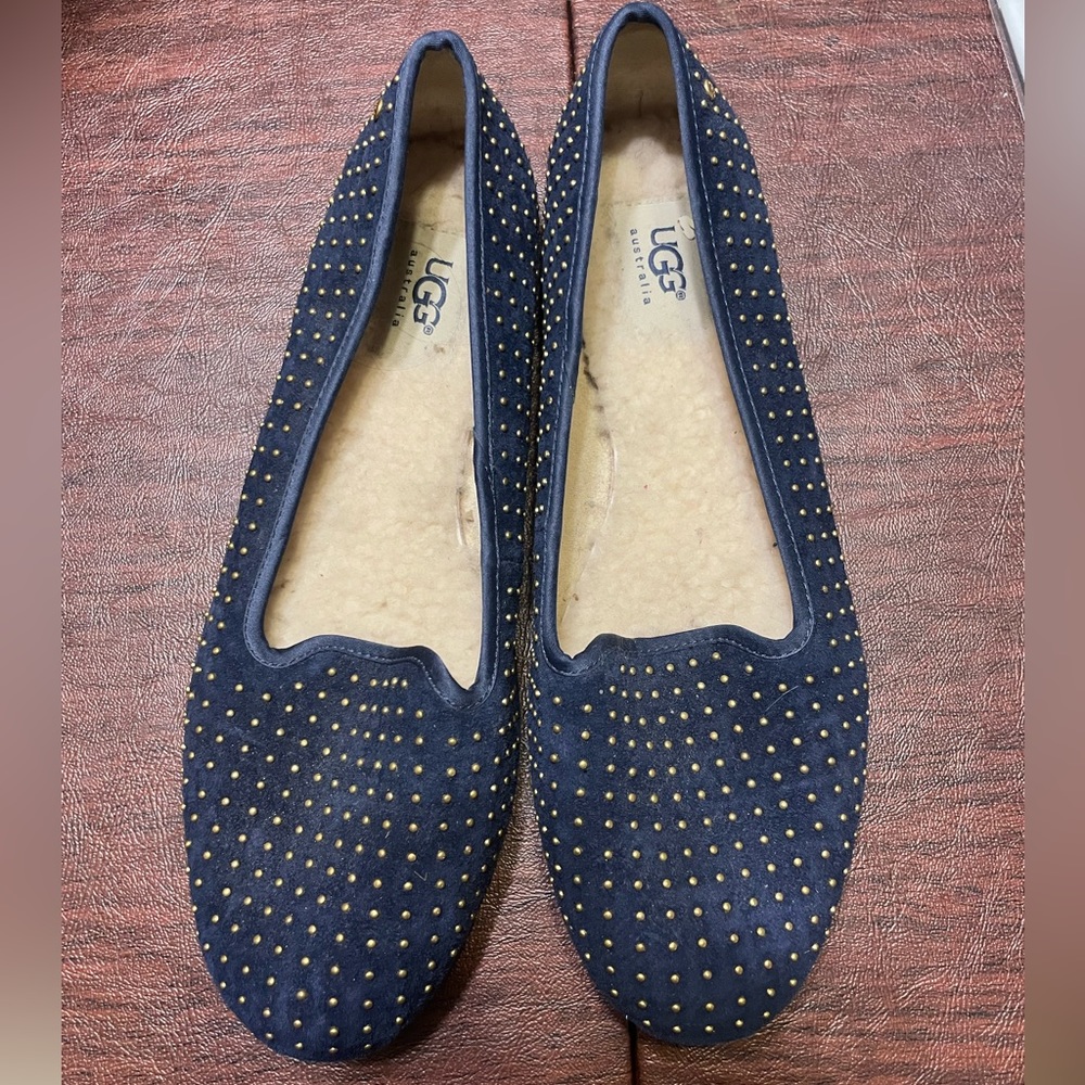 UGG navy blue studded flats, Sherpa lined, size 8, like new
